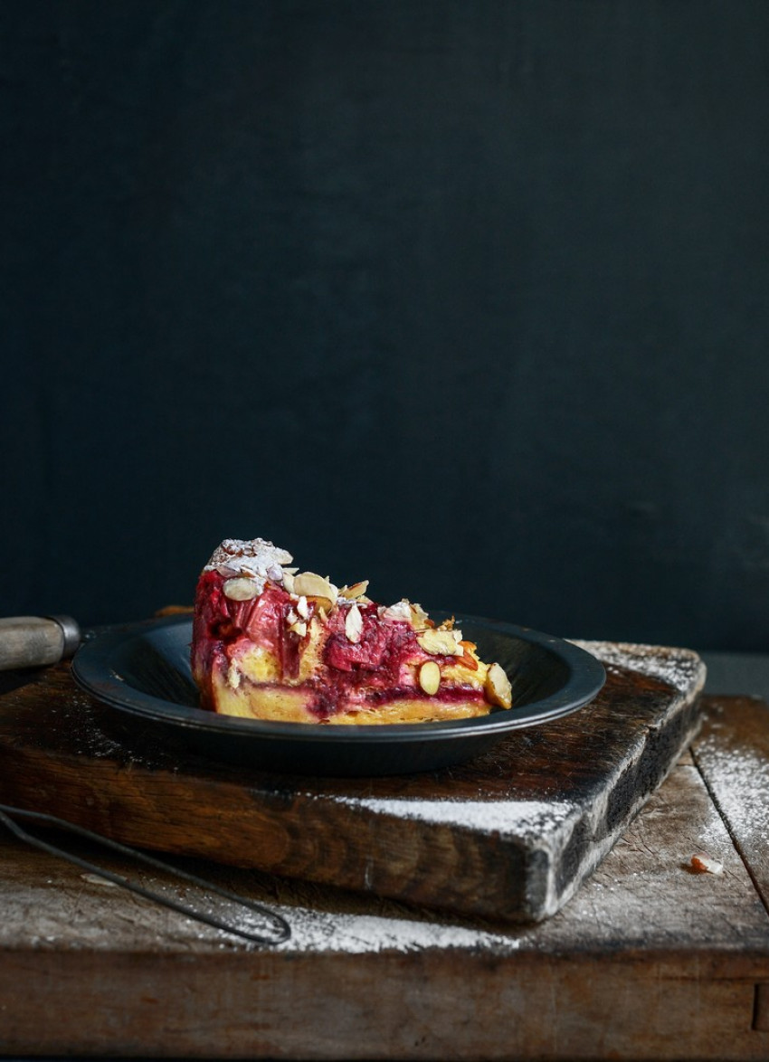 Rhubarb Croissant Bread and Butter Pudding Cake