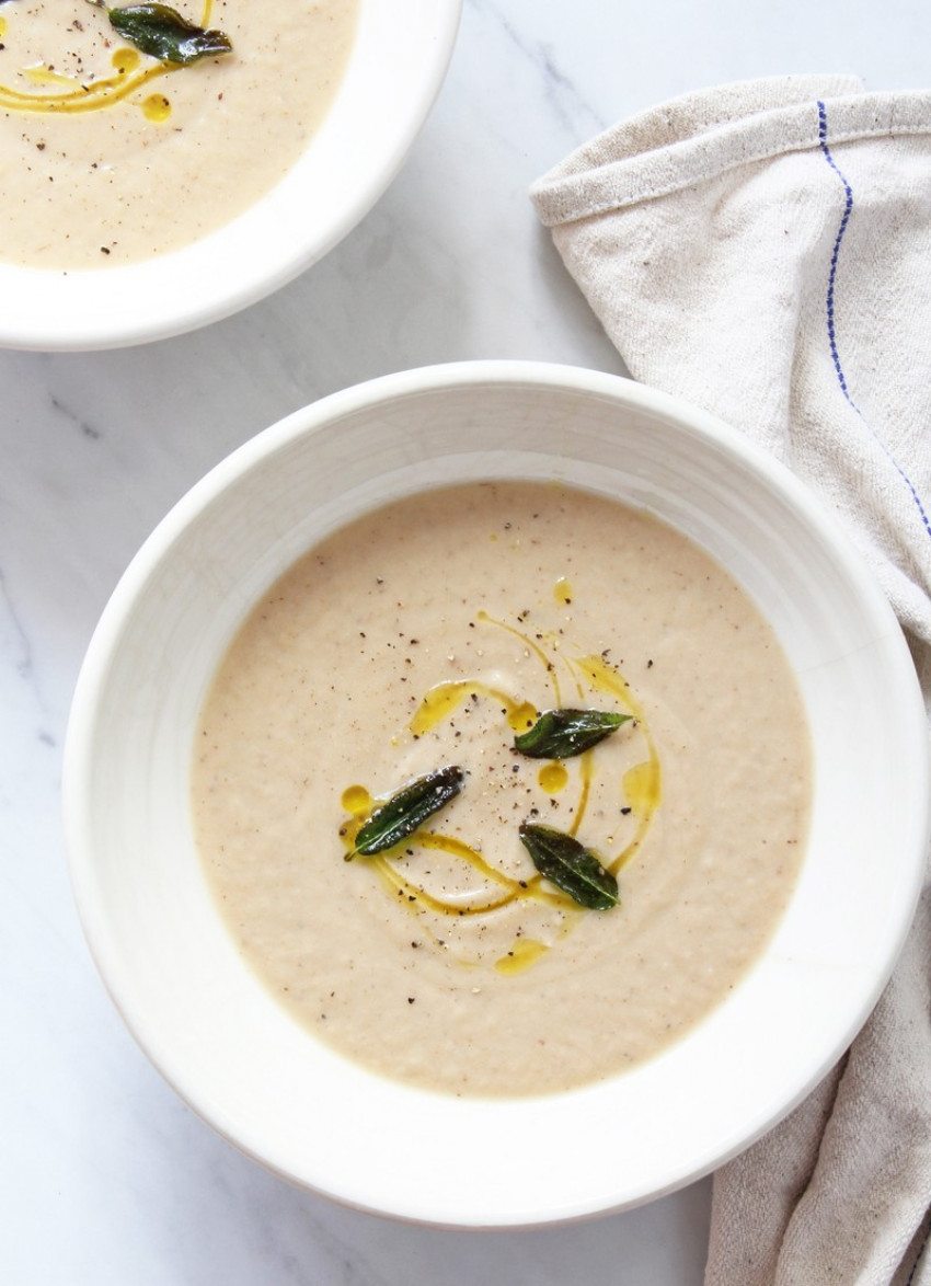 Roasted Cauliflower White Bean Soup with Crispy Sage