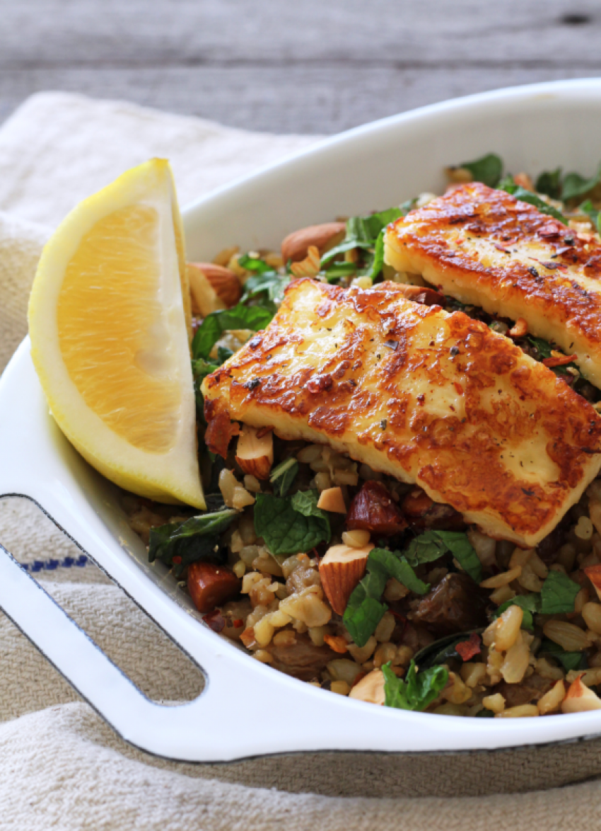 Freekeh Pilaf with Haloumi, Mint, Lemon and Almonds