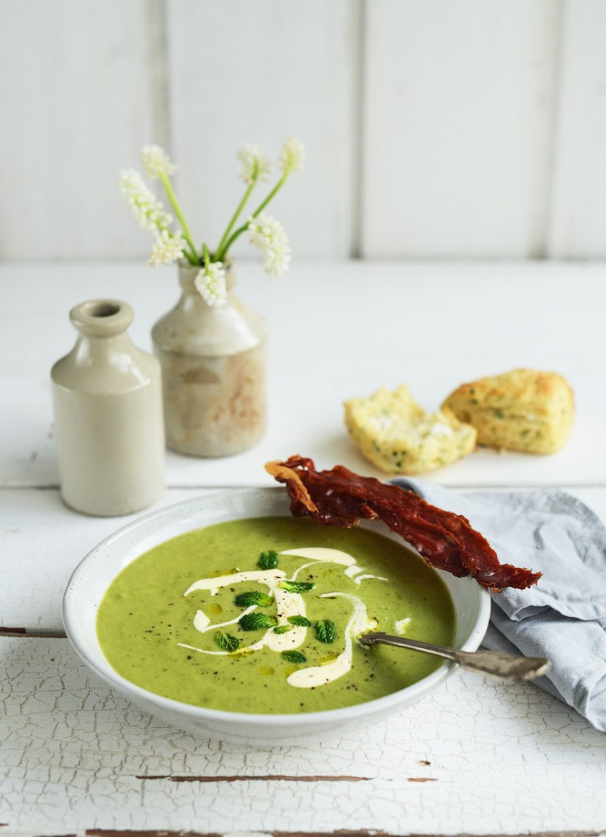 Fresh Minty Pea Soup with Crispy Prosciutto and Cheddar Scones