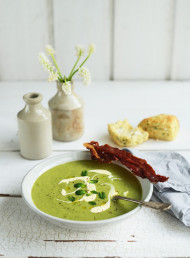 Fresh Minty Pea Soup with Crispy Prosciutto and Cheddar Scones
