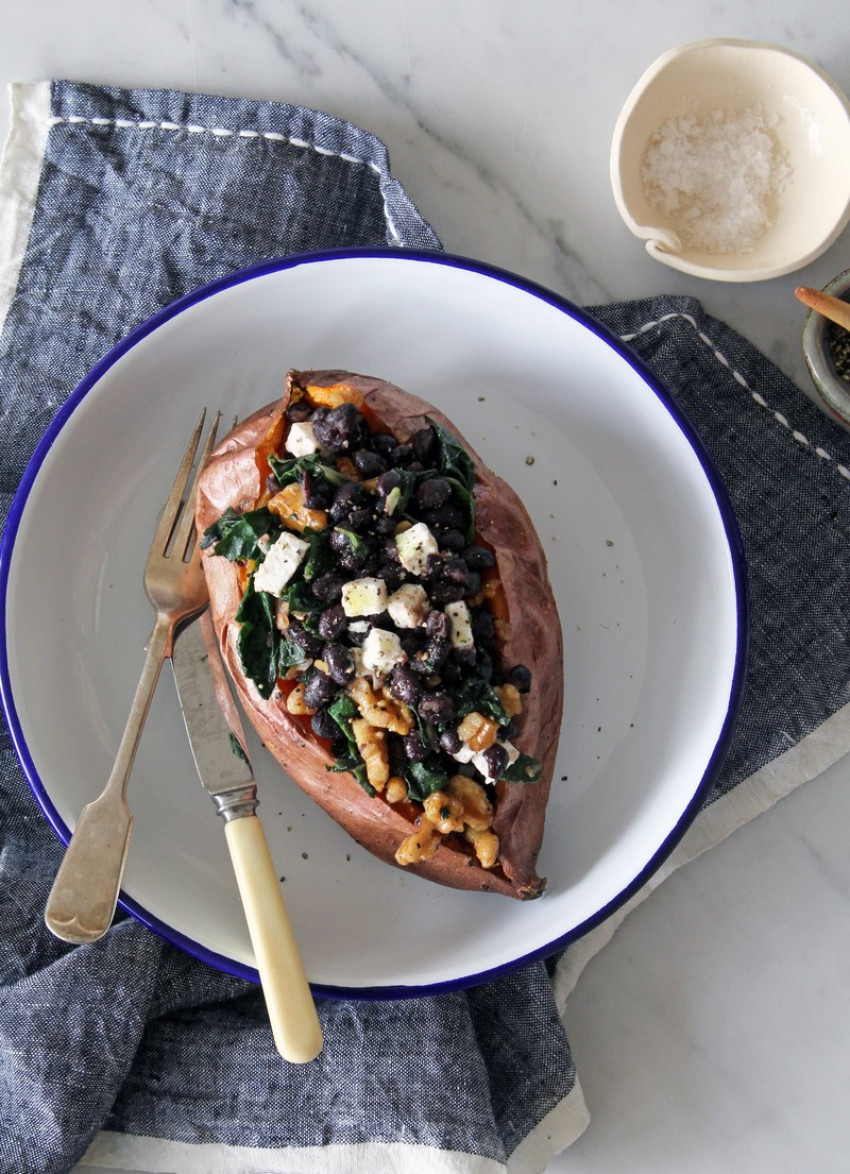 Stuffed Sweet Potato with Black Beans, Feta, Chard and Walnuts