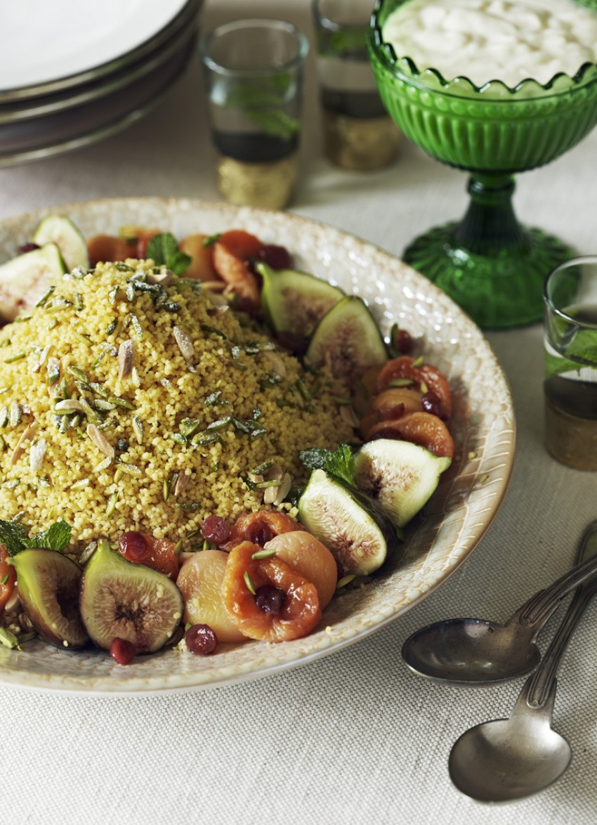 Sweet Couscous with Almond Cream and Poached Fruits