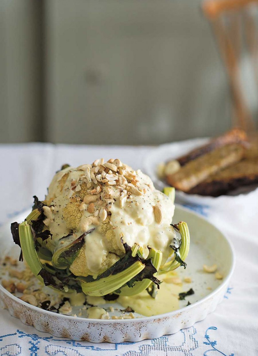 Whole Roast Cauliflower with Gorgonzola Sauce and Garlic Dippers 