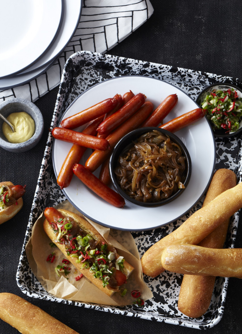 Hotdogs with Caraway and Pale Ale Onions