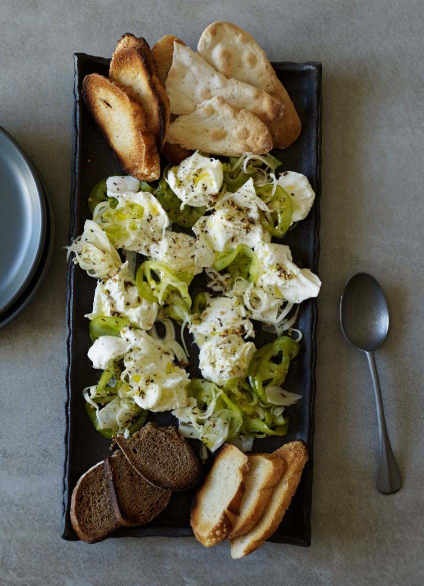 Mozzarella with Pickled Green Tomato and Fennel Salad