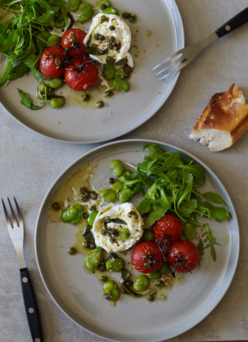 Roasted Tomatoes and Mozzarella with Warm Sage and Anchovy Dressing