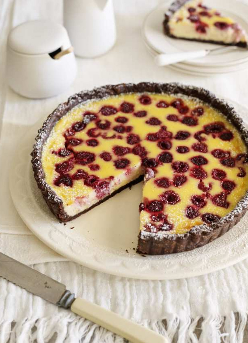 Coconut Custard and Raspberry Tart with Chocolate Pastry