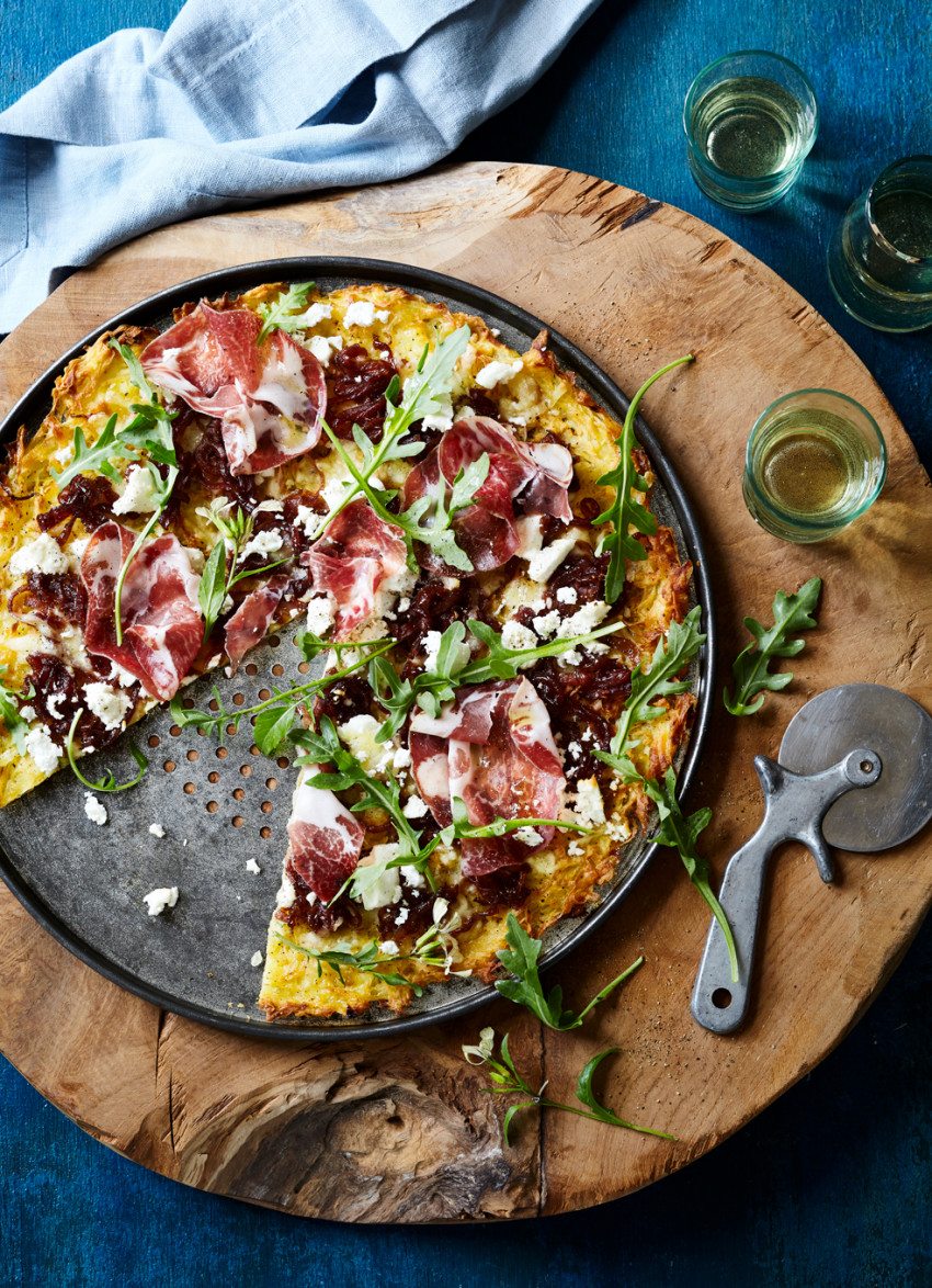 Potato Crust Pizza with Caramelised Onions and Goat’s Cheese (gf)