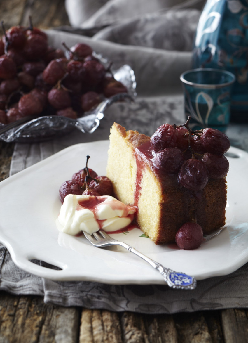 Lemon Syrup Cake with Roasted Grapes