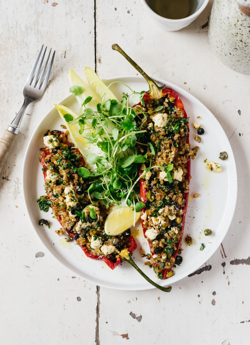 Farro, Caper and Feta Filled Romano Peppers