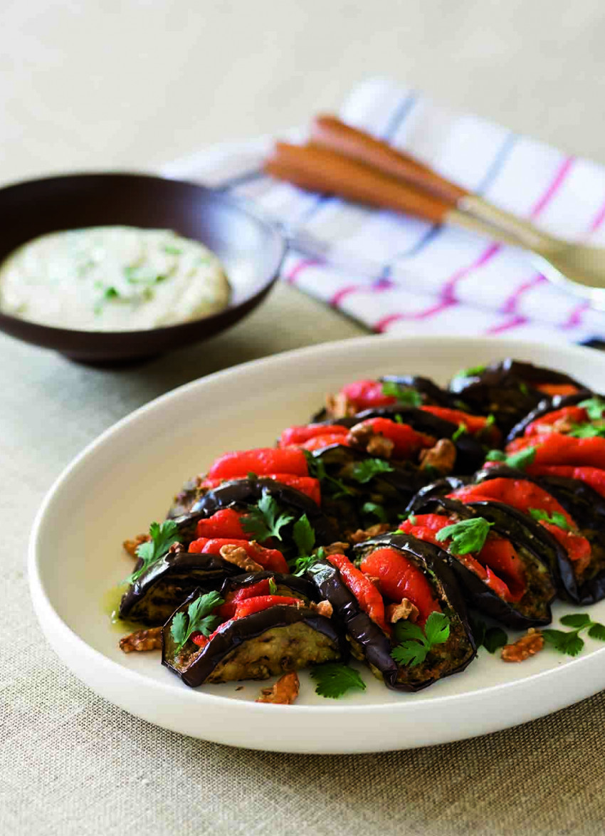 Walnut, Capsicum and Eggplant Rollups with Yoghurt Sauce