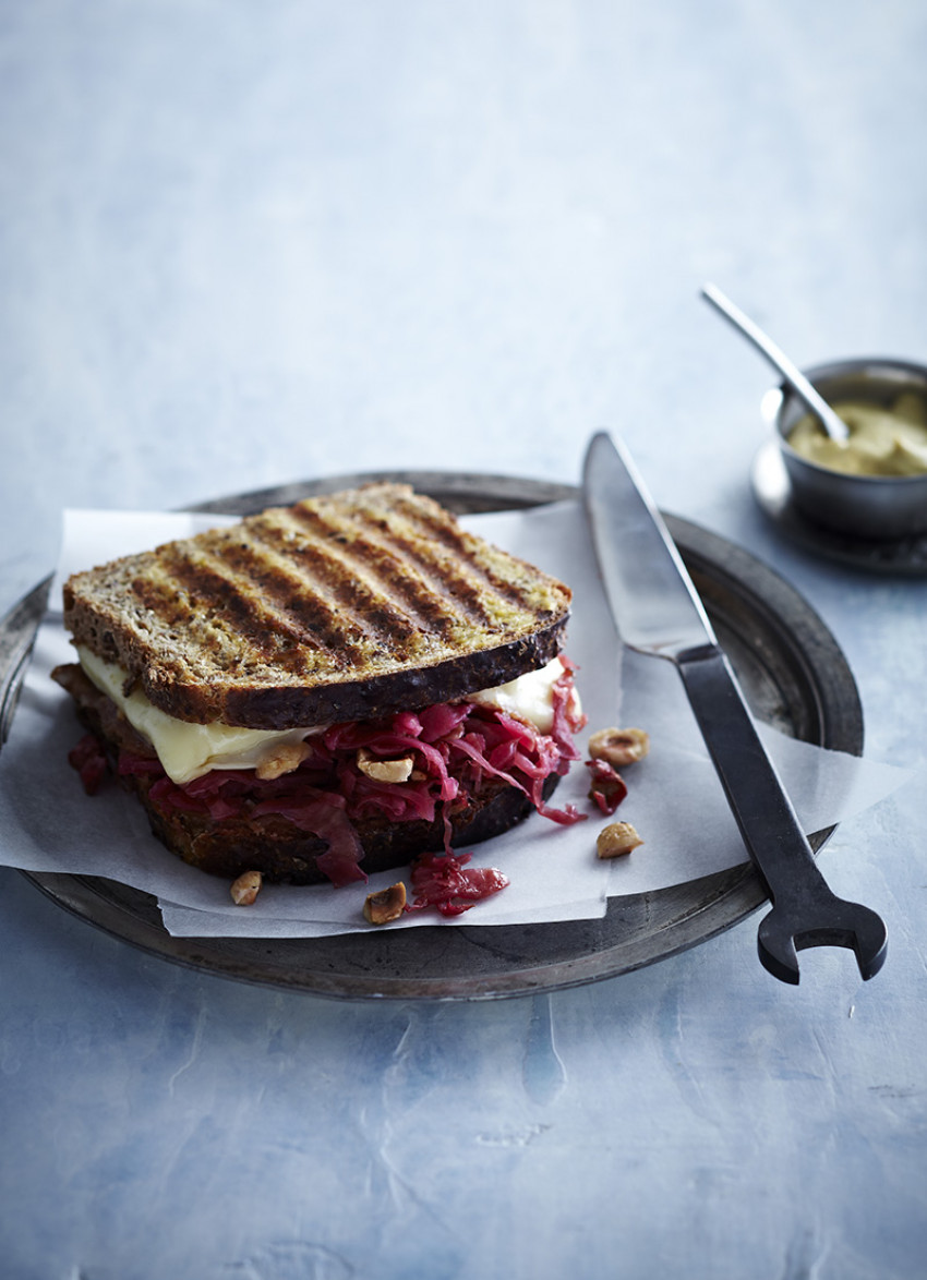 Red Cabbage Sauerkraut, Hazelnut, Salami and Gruyere Cheese Toastie