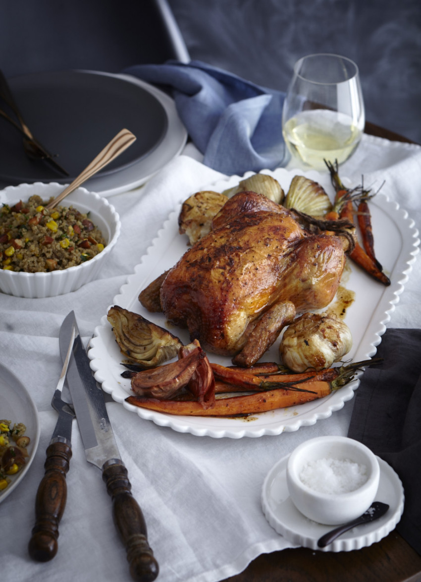 Roast Chicken with Quinoa, Corn and Almond Stuffing