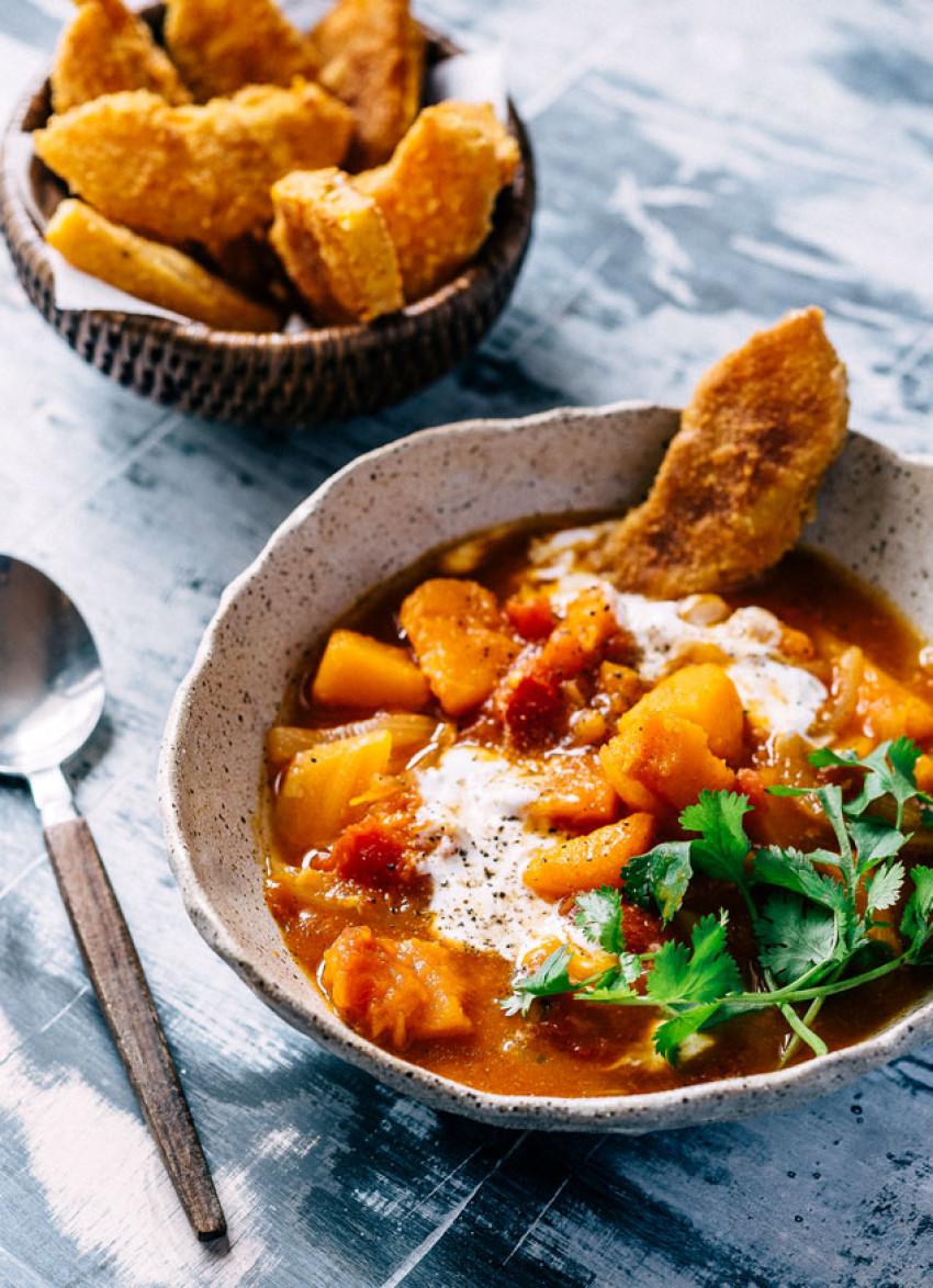 Spiced Pumpkin Soup with Pumpkin Fritters and Coconut Yoghurt