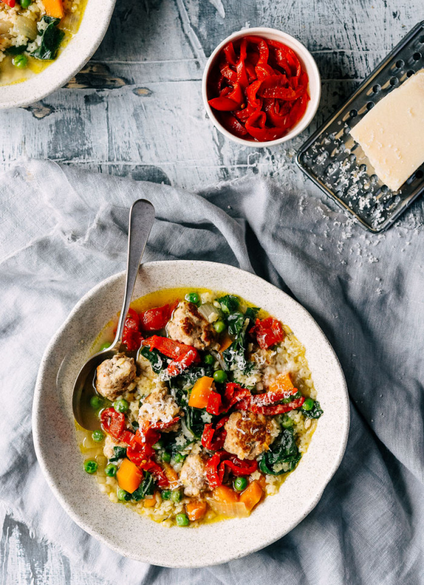 Greens and Steline Soup with Pork and Thyme Meatballs