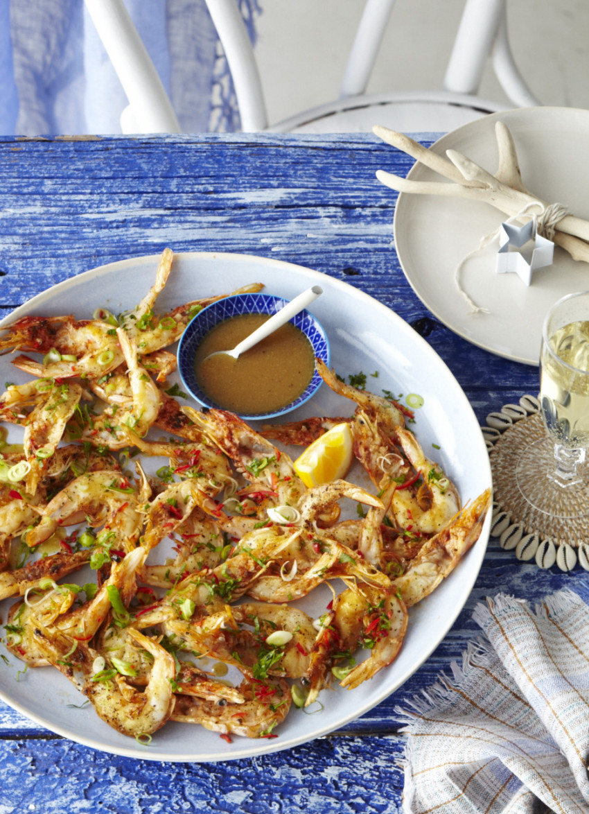 Butterflied Grilled Prawns with Miso and Coriander Dressing