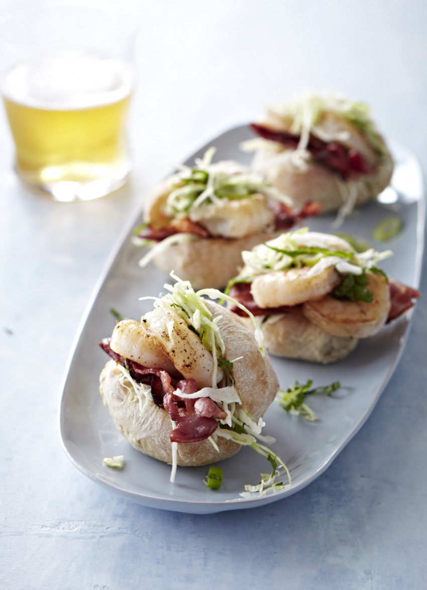 Prawn, Crispy Bacon and Mint Slaw Rolls