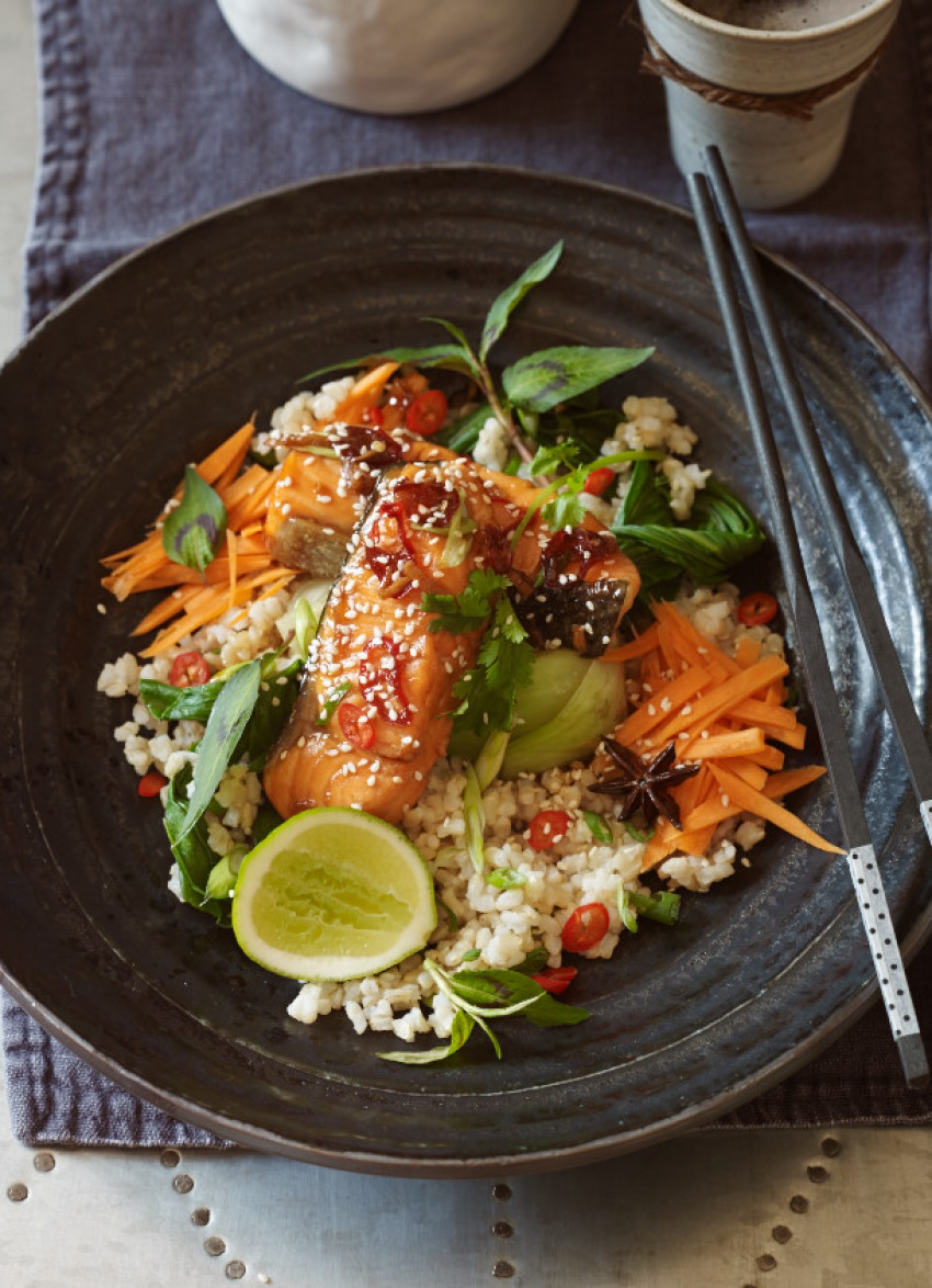 Ginger and Caramel Salmon with Asian Greens