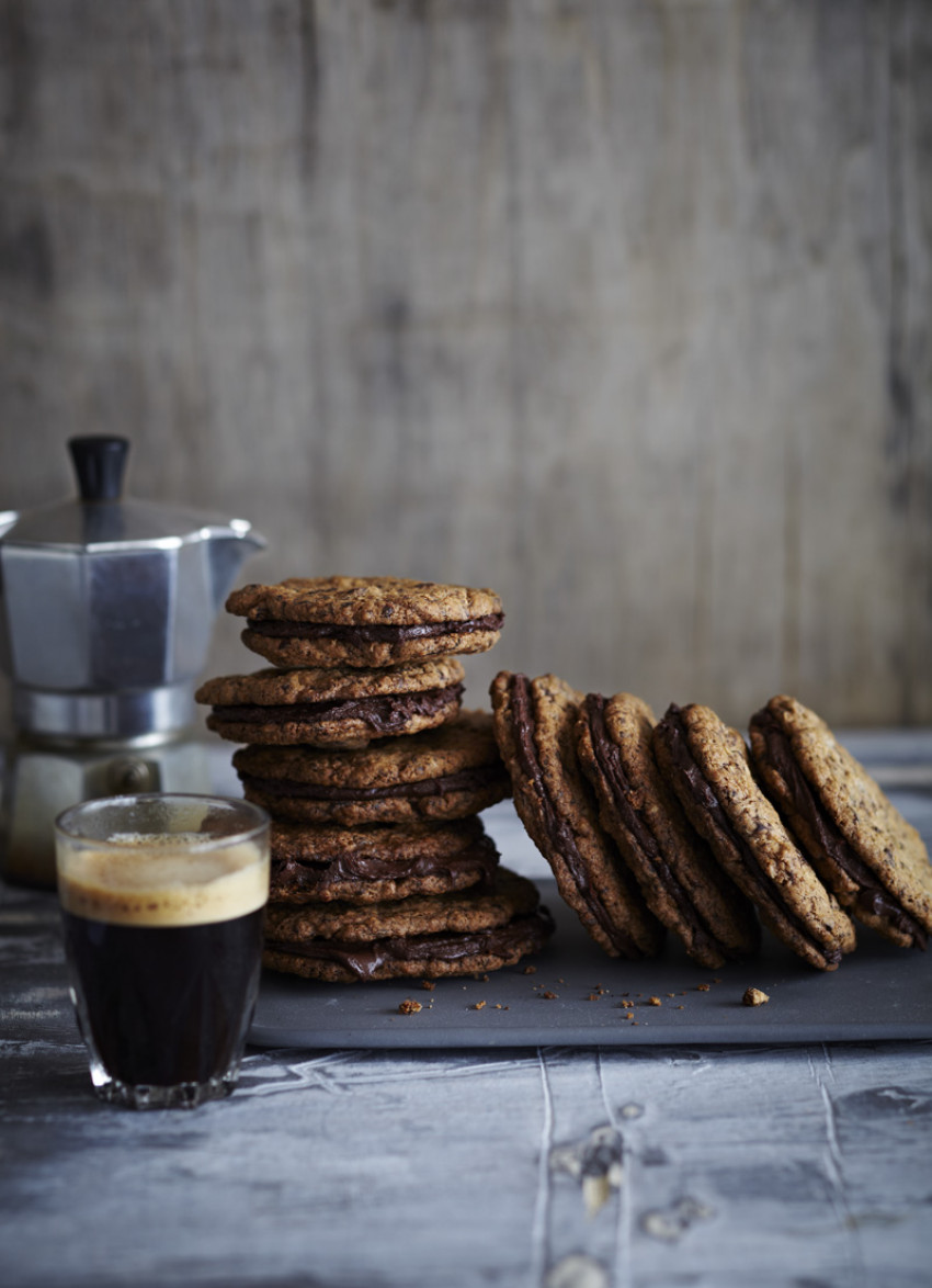 Chocolate Oat Cookie Sandwiches with Bourbon Chocolate Ganache