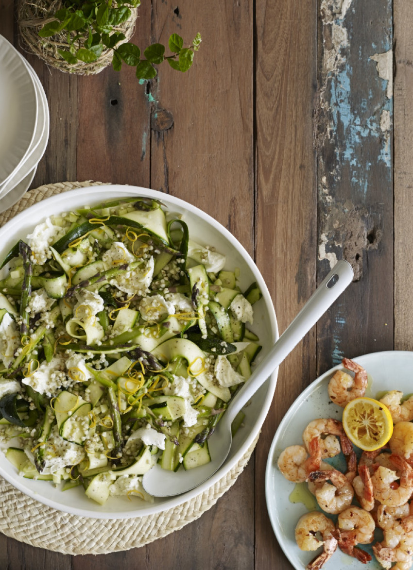 Raw Zucchini, Asparagus and Apple Salad with Shredded Mozzarella and Toasted Buckwheat