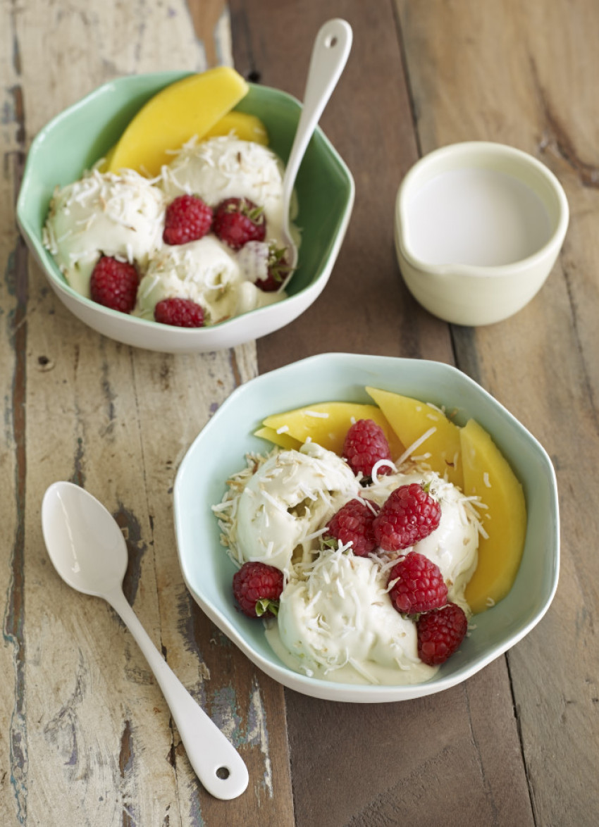 Coconut and Lime Ice Cream with Raspberries and Mango