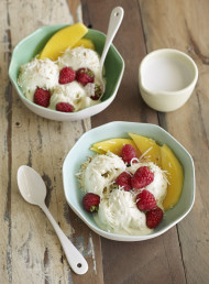 Coconut and Lime Ice Cream with Raspberries and Mango