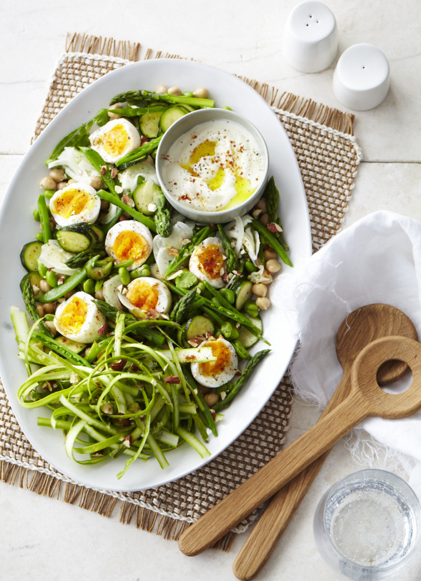 Shaved Asparagus and Chickpea Salad with Soft Eggs