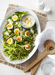 Shaved Asparagus and Chickpea Salad with Soft Eggs