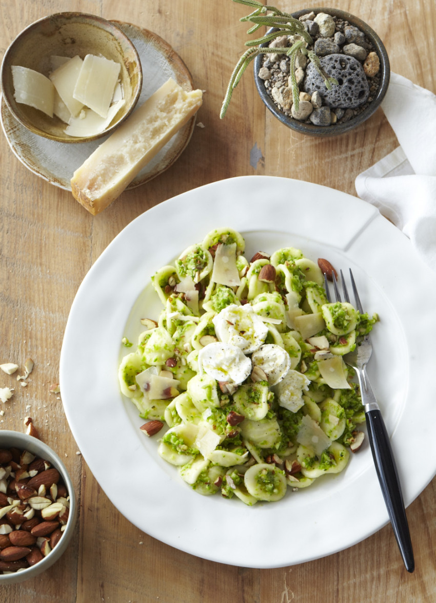 Orecchiette with Pea, Roasted Almond and Broccoli Pesto