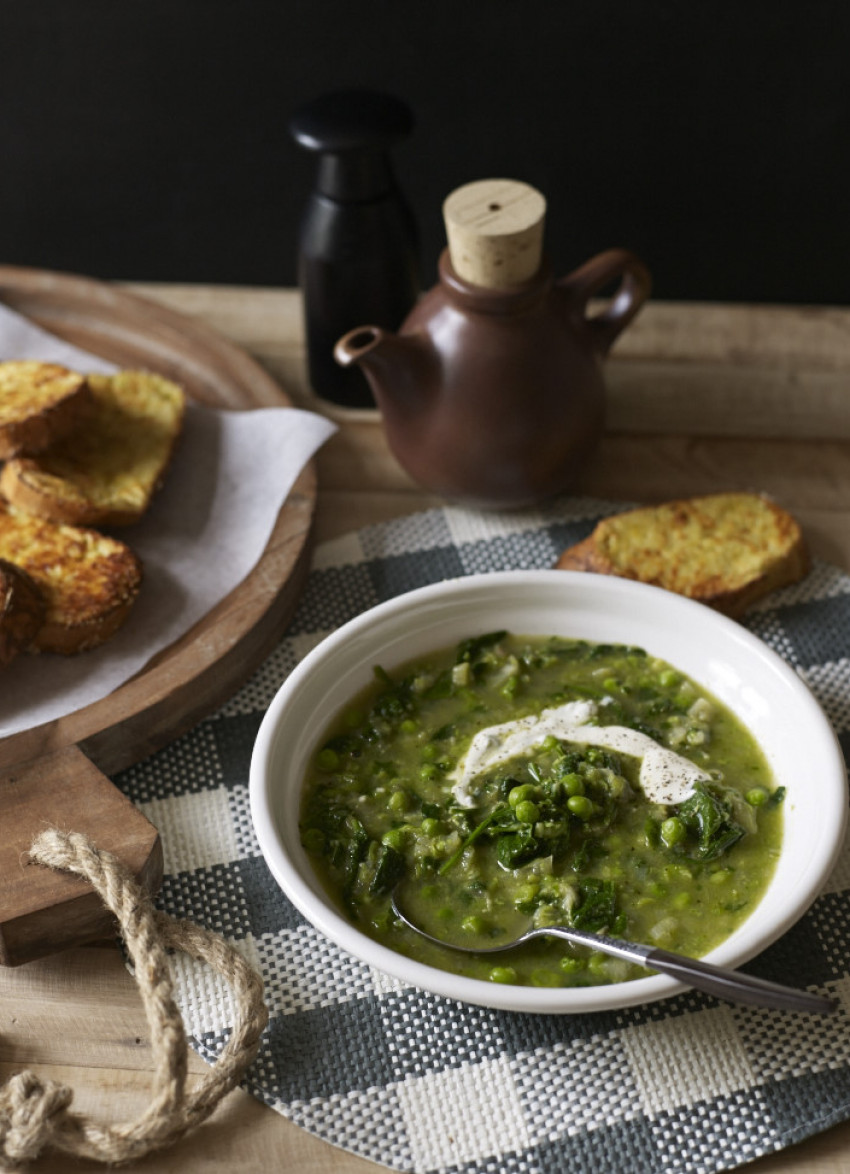Spinach, Pea and Pesto Soup with Parmesan French Toast