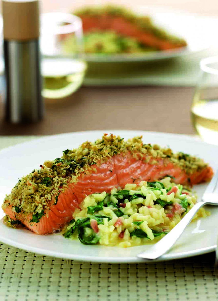 Salmon with a Herb Crust and Spinach Risotto