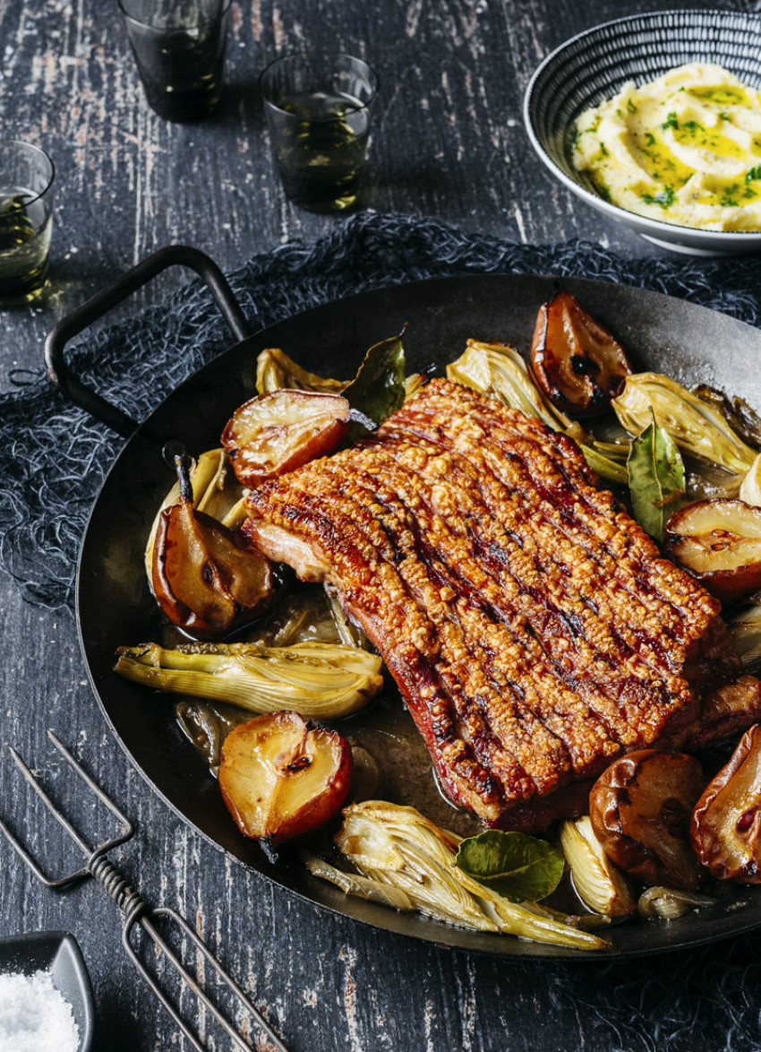 Roast Pork Belly with Pears, Ginger and Fennel