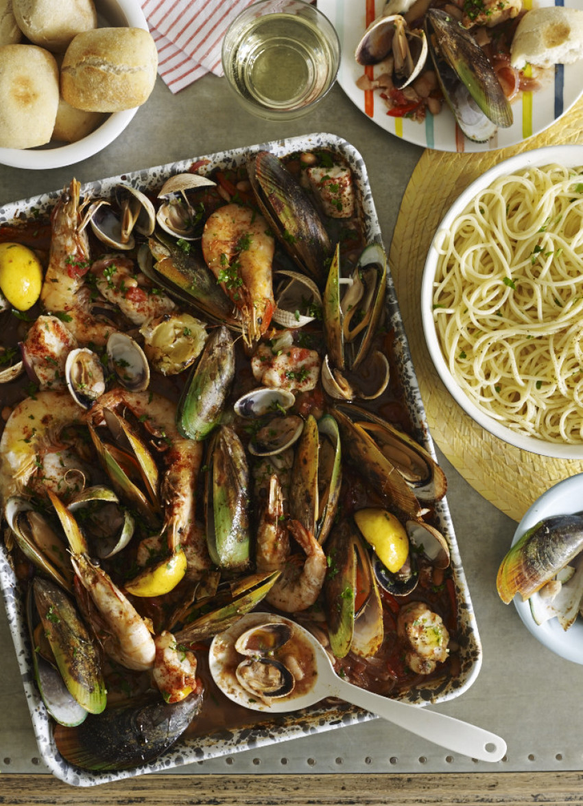 Tray-Baked Seafood with White Beans and Capsicum