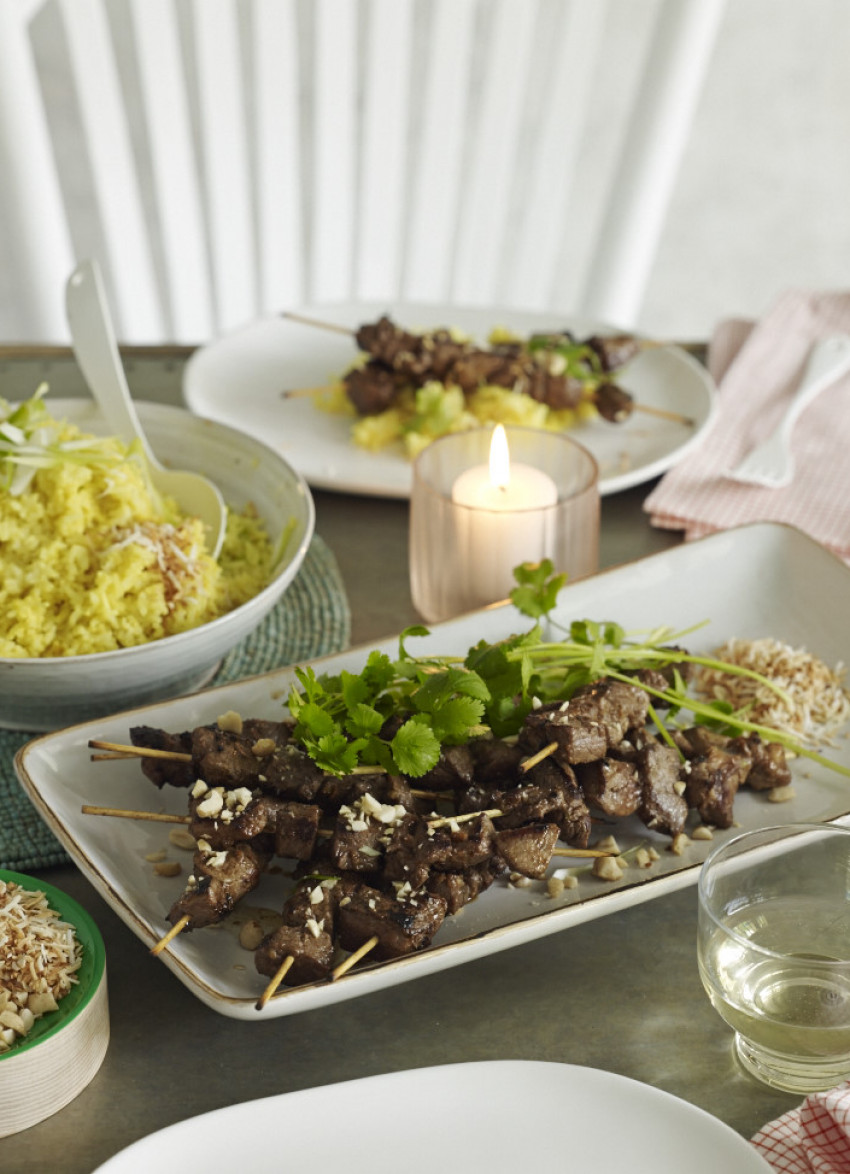 Hoisin Lamb Skewers with Coconut and Turmeric Rice