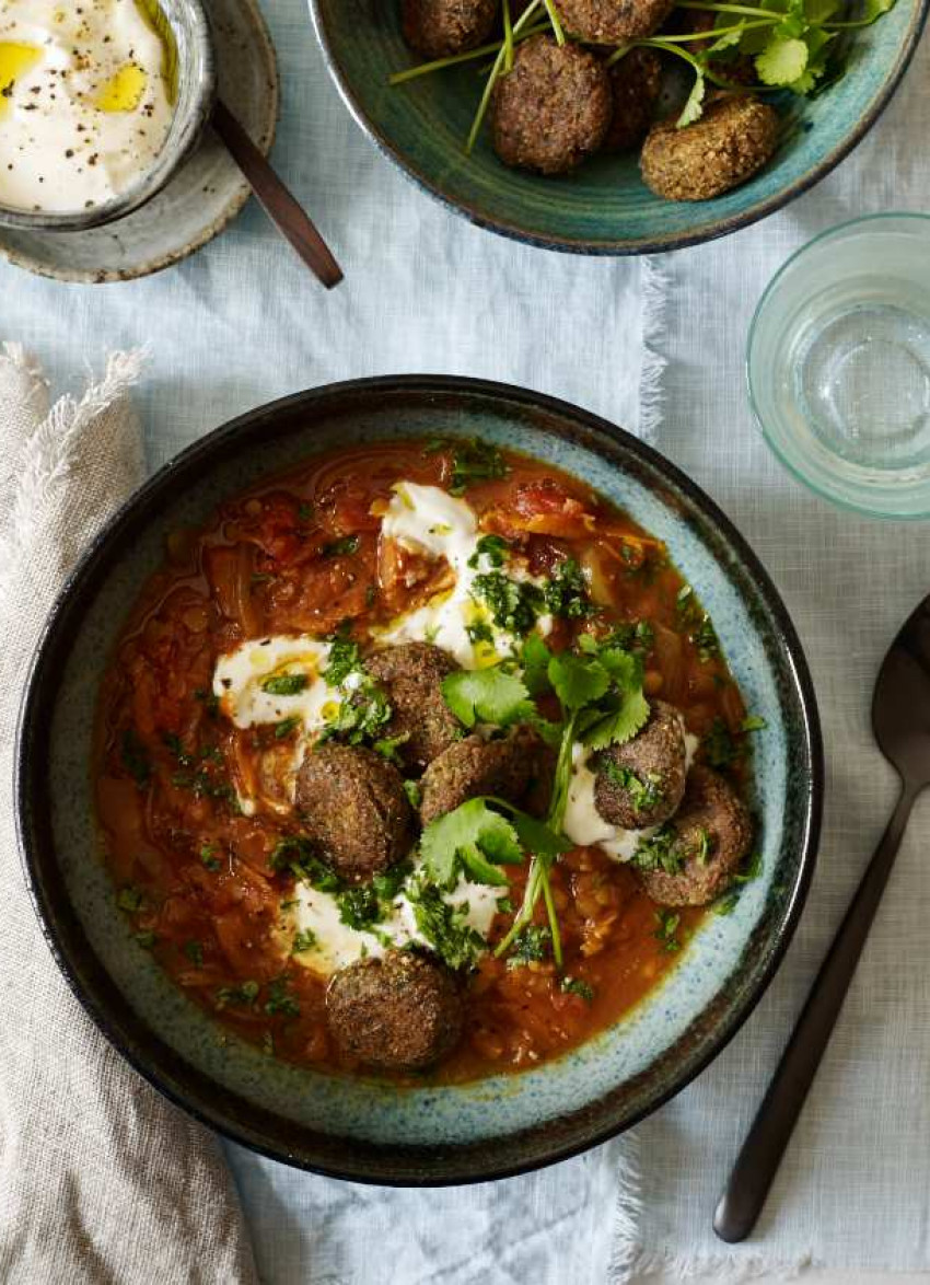 Spicy Red Lentil and Carrot Soup with Chickpea Falafel