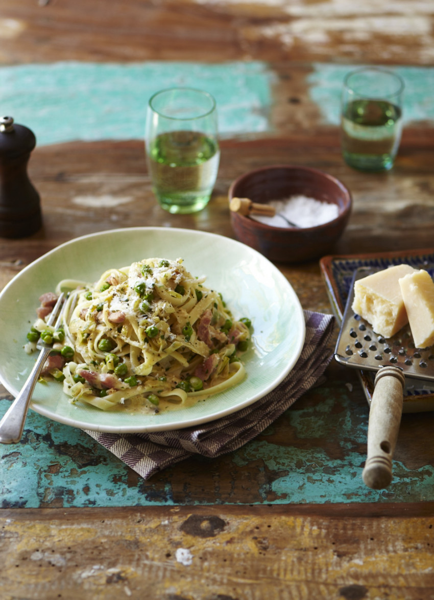 Bacon, Leek and Peas with Fettuccine