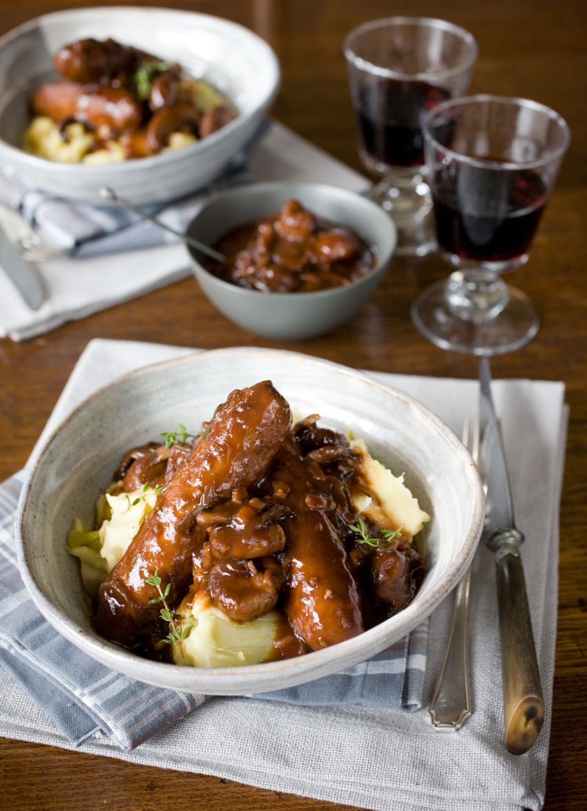 Venison Sausages with Chestnut and Red Wine Sauce