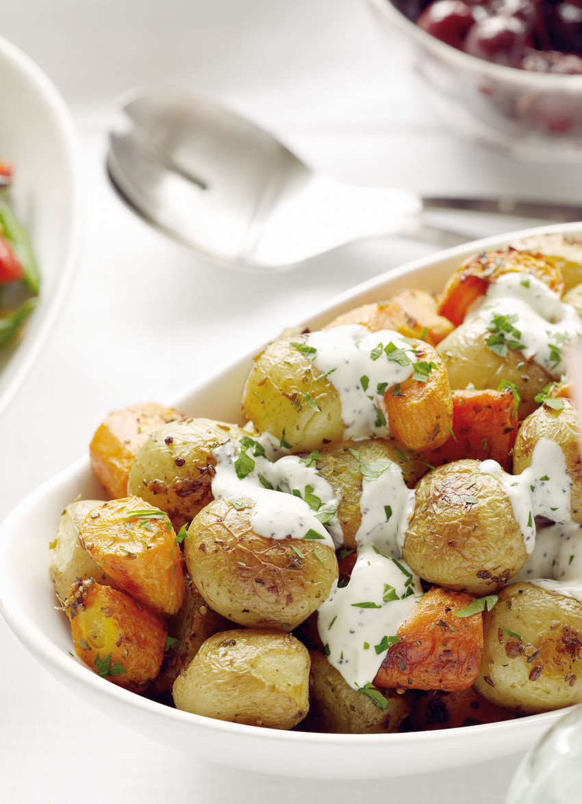 Potatoes, Kumara and Carrots Roasted in Herb and Garlic Butter with Sour Cream Dressing