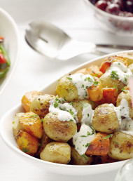 Potatoes, Kumara and Carrots Roasted in Herb and Garlic Butter with Sour Cream Dressing