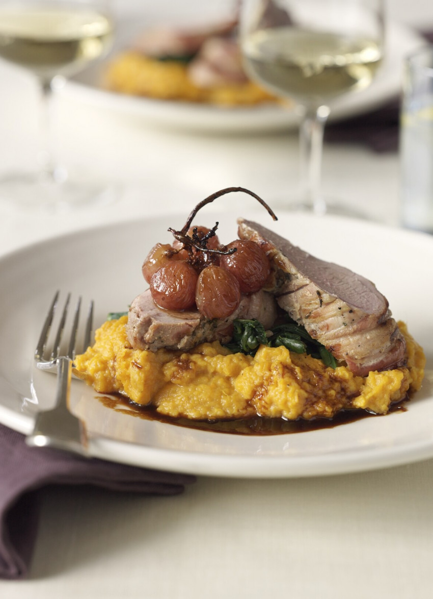 Pork Fillet on Kumara Mash with Pomegranate-Roasted Grapes