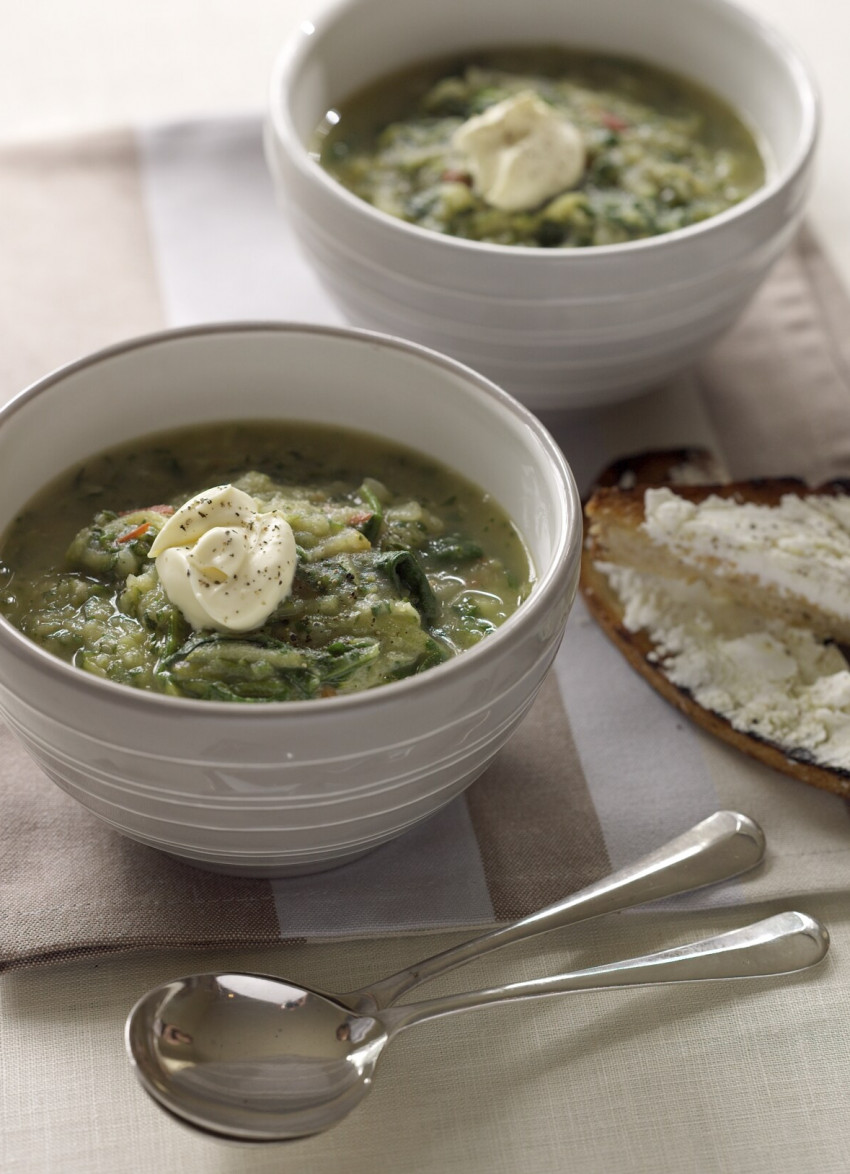 Zucchini, Spinach and Mint Soup with Goats Cheese Croutes