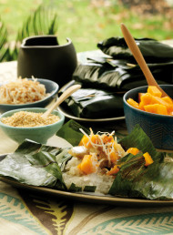 Sticky Rice in Banana Leaves with Roasted Banana and Pawpaw