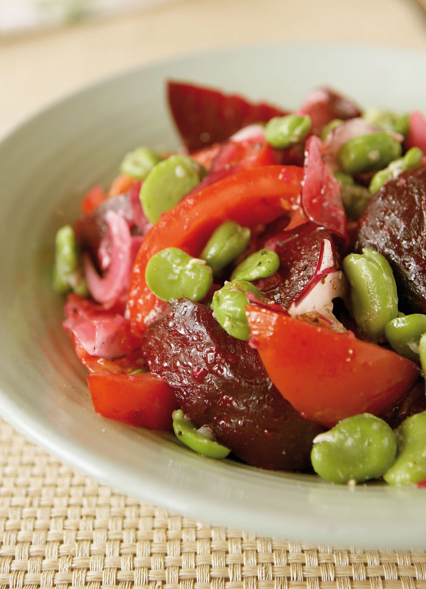 Beetroot, Tomato and Broad Bean Salad with Parmesan Dressing