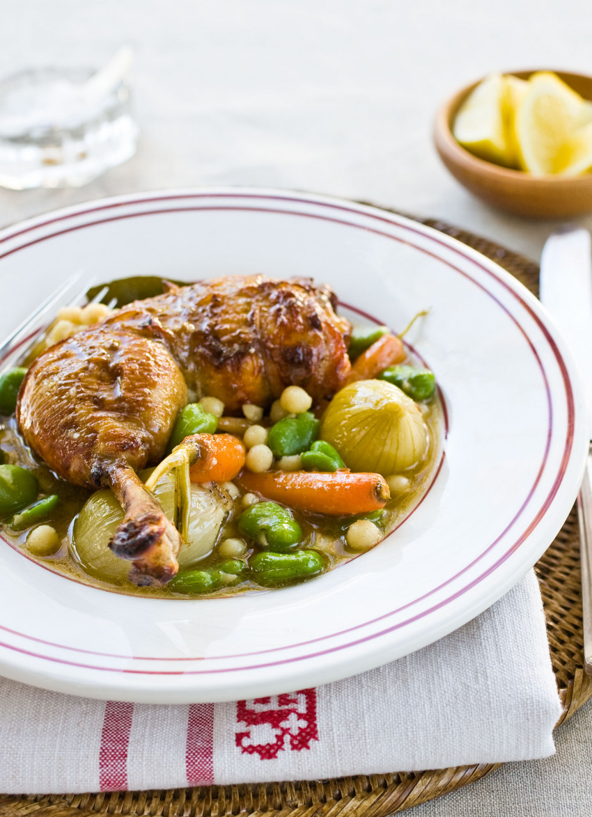 Chicken in Saffron Broth with Moghrabiah and Broad Beans