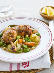 Chicken in Saffron Broth with Moghrabiah and Broad Beans