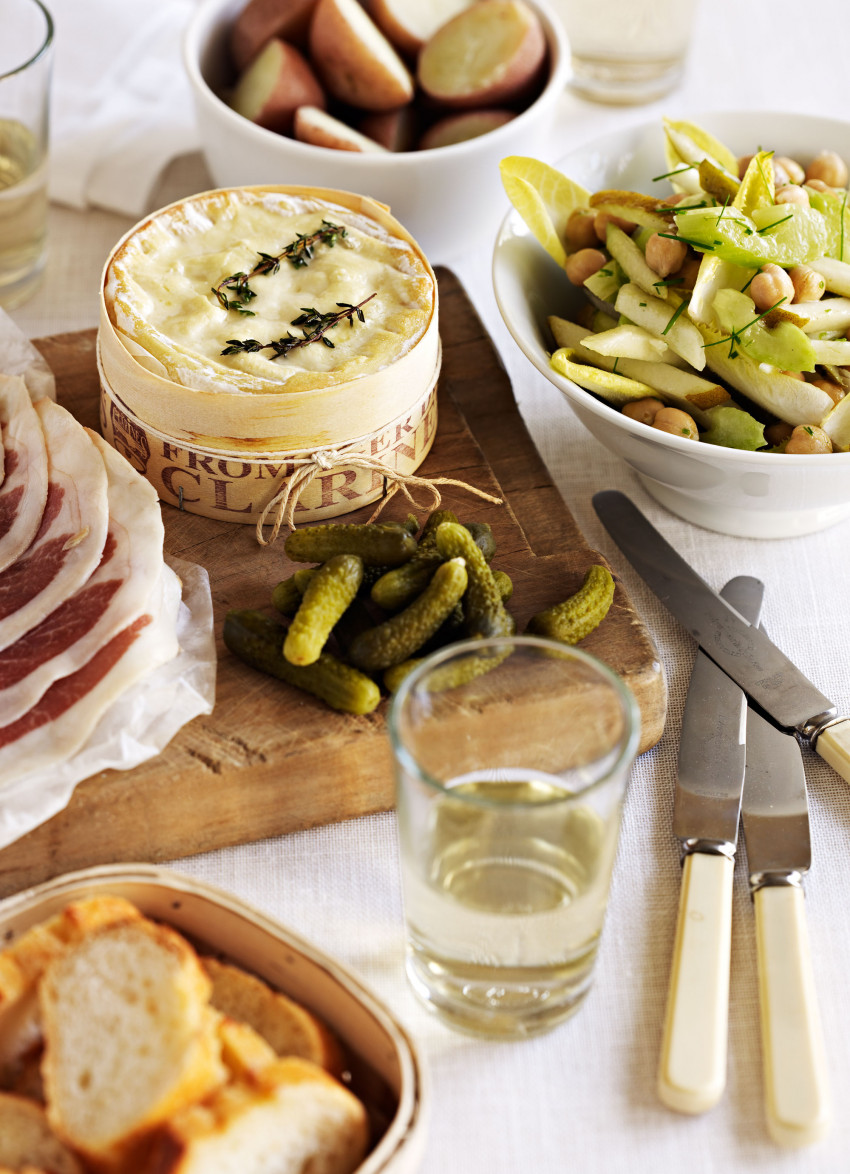 Baked whole Camembert with Bayonne Ham and Cornichons