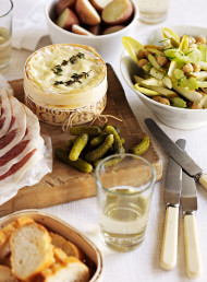 Baked whole Camembert with Bayonne Ham and Cornichons