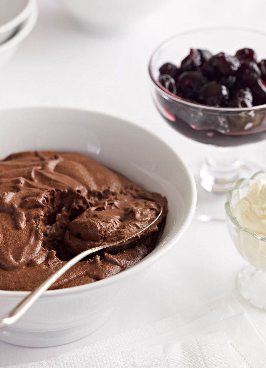 A Bowl of Chocolate Mousse with Cherry Compote