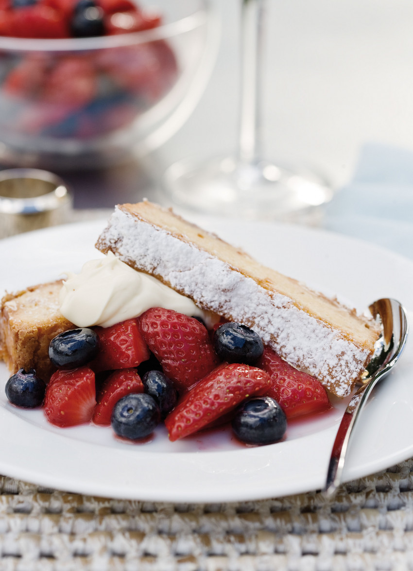 Hazelnut and White Chocolate Brownie with Marinated Berries and Mascarpone